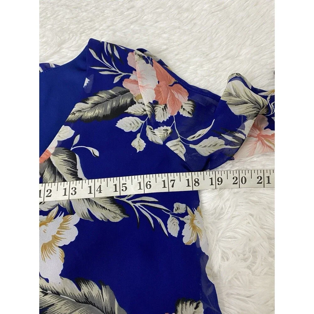 Lulus Tunic Dress Size S Blue Floral Slit Long Sleeves Chiffon Mini Office Party - Picture 6 of 14